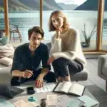 Norsk par planlegger bryllupsbudsjett ved kj kkenbordet med laptop og papirer