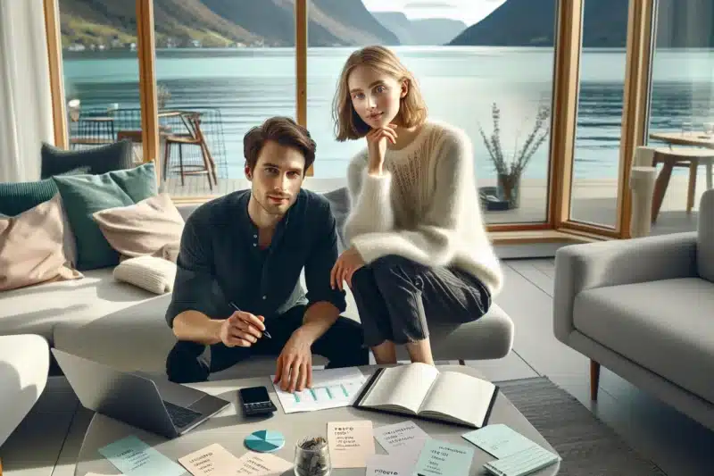 Norsk par planlegger bryllupsbudsjett ved kj kkenbordet med laptop og papirer