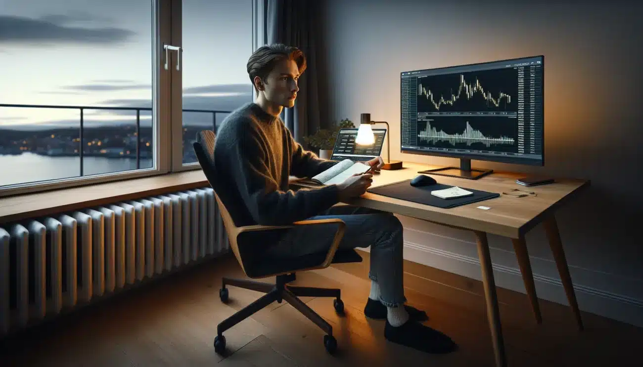 Norwegian investor carefully reviews risky cryptocurrency investments with charts and security tools