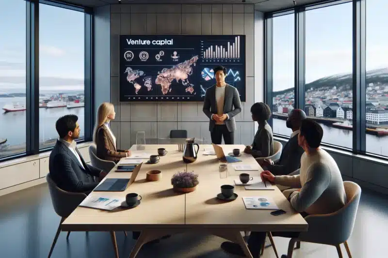 Norwegian startup founder pitching to venture capital investors in a modern oslo office