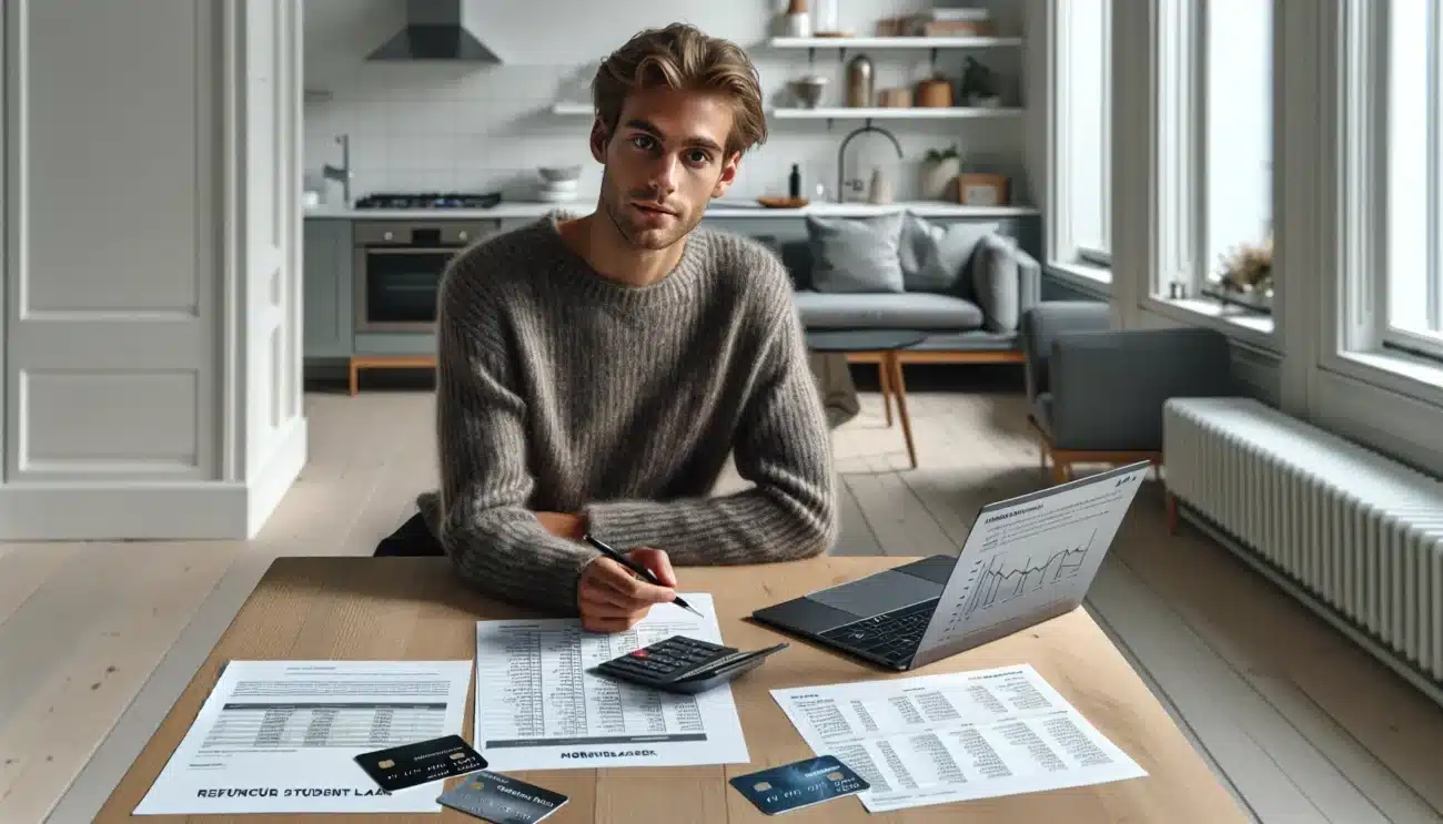 Young norwegian reviewing student loan and credit card debt at kitchen table