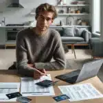 Young norwegian reviewing student loan and credit card debt at kitchen table