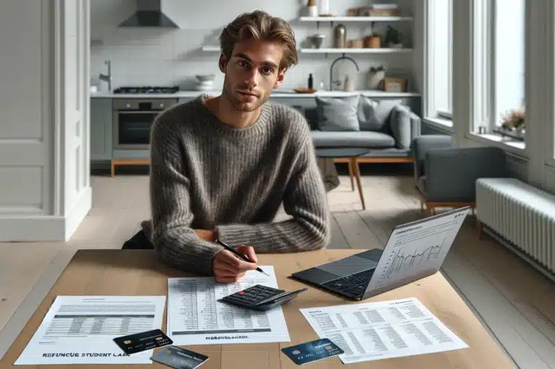 Young norwegian reviewing student loan and credit card debt at kitchen table
